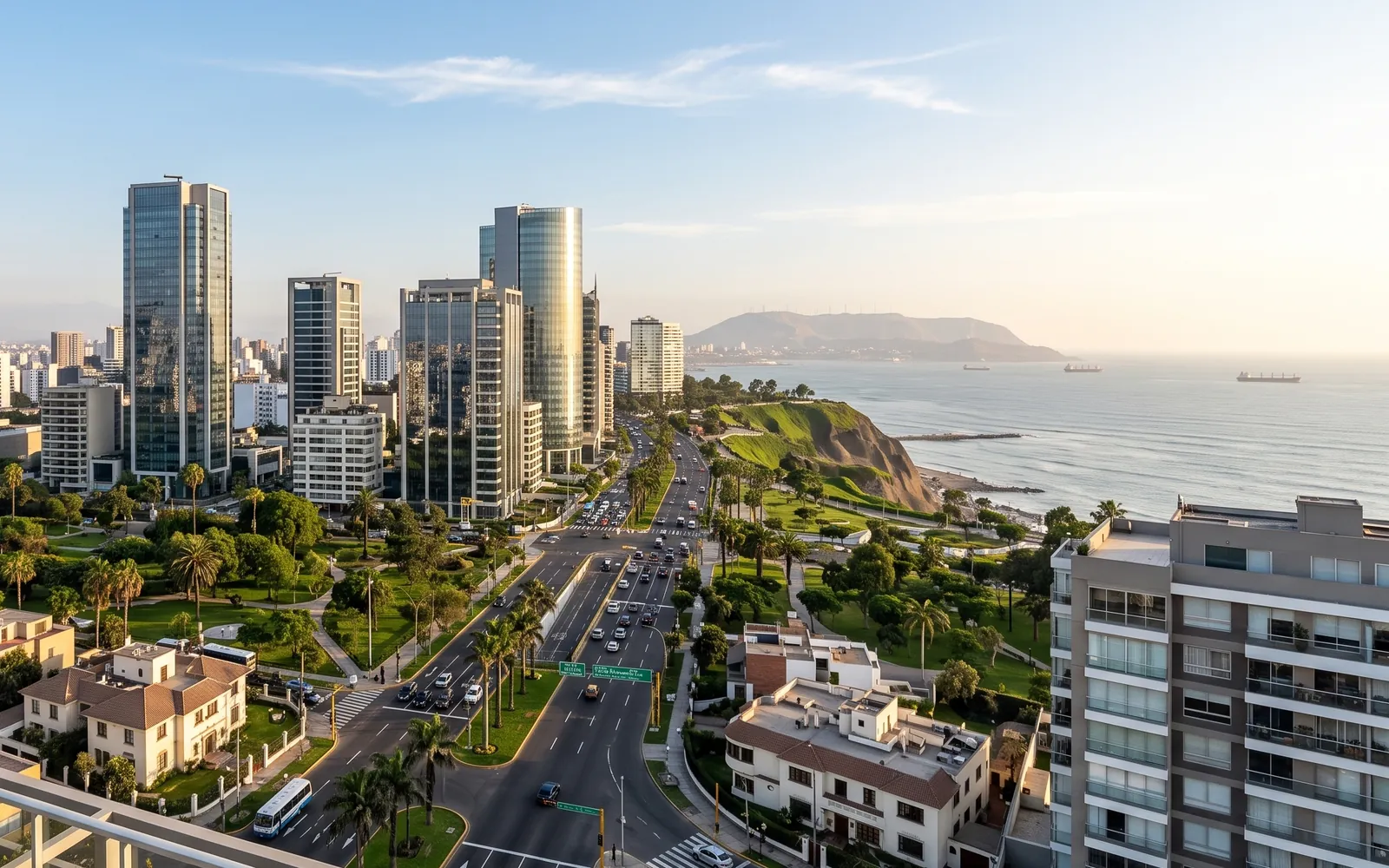 Lima al atardecer: torres de oficinas, el malecón arbolado y el Pacífico al fondo.