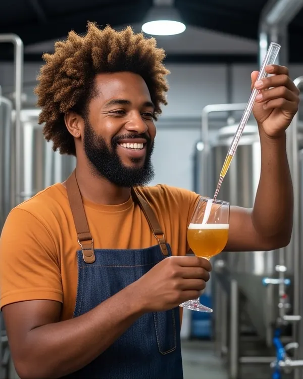 Cervecero artesanal midiendo la densidad de un lote junto a los tanques de fermentación.