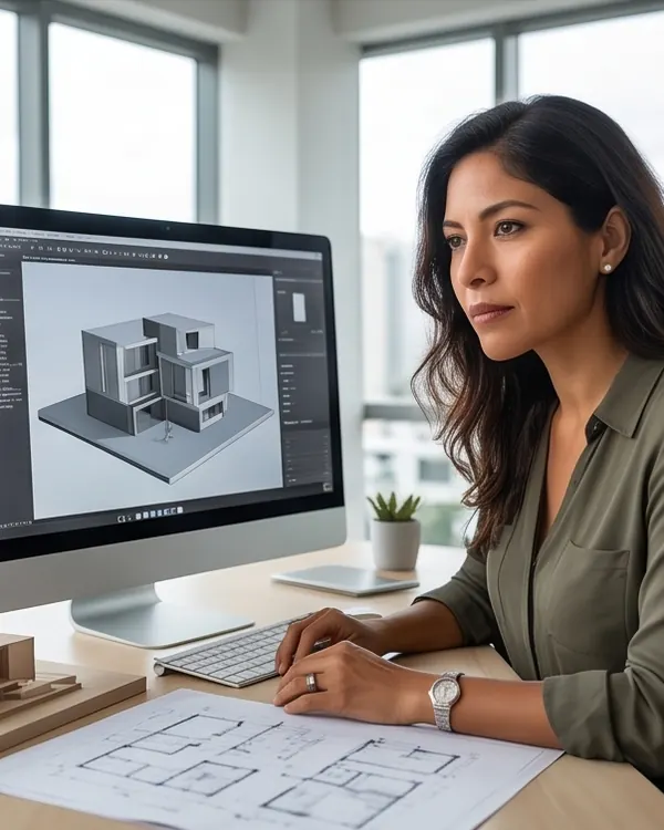 Arquitecta revisando un modelo tridimensional en pantalla, con planos y una maqueta sobre la mesa.