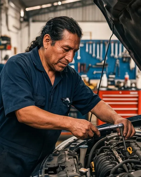 Mecánico ajustando el motor de un automóvil con el capó levantado en un taller.